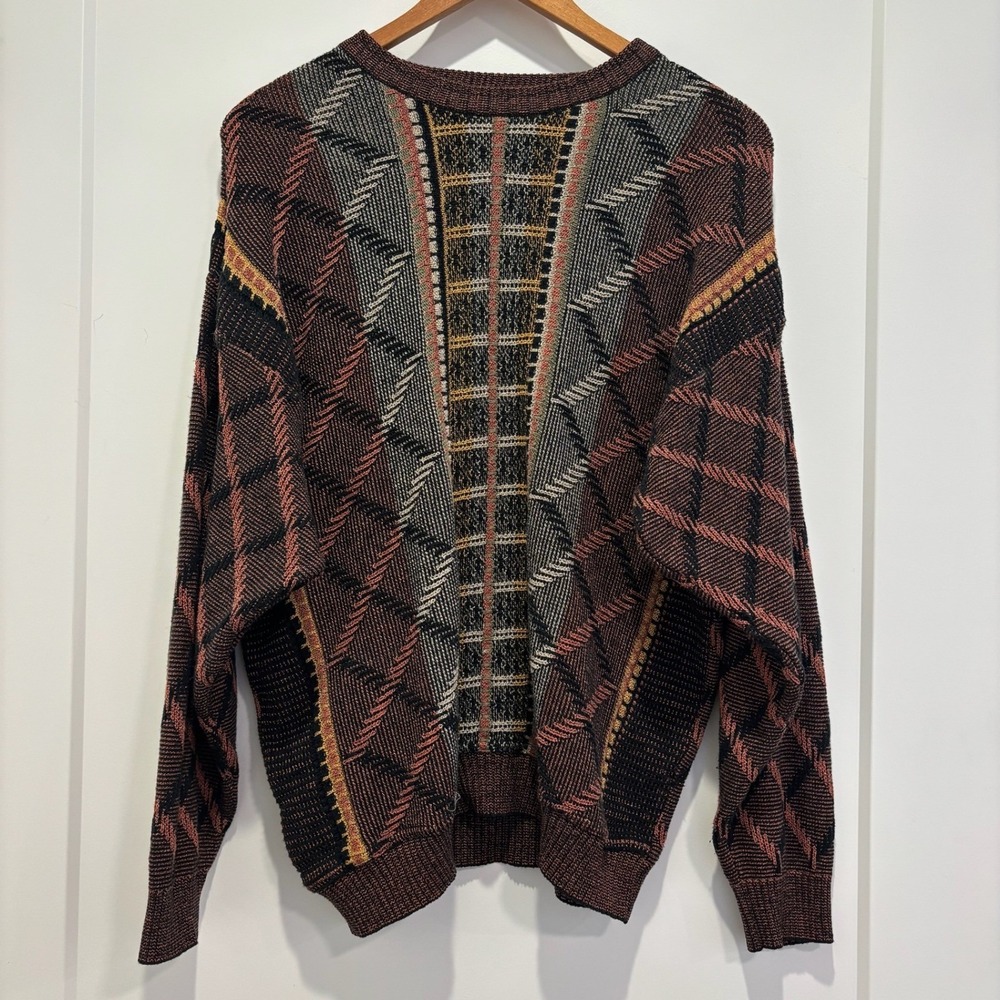 Giorgio‎ Danieli Men L Italian Knit Pullover Sweater Geometric Pattern Brown Red